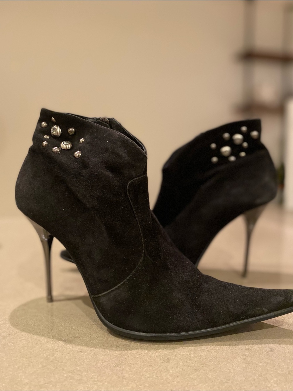 Black Studded Suede Pointed-Toe Ankle Boots